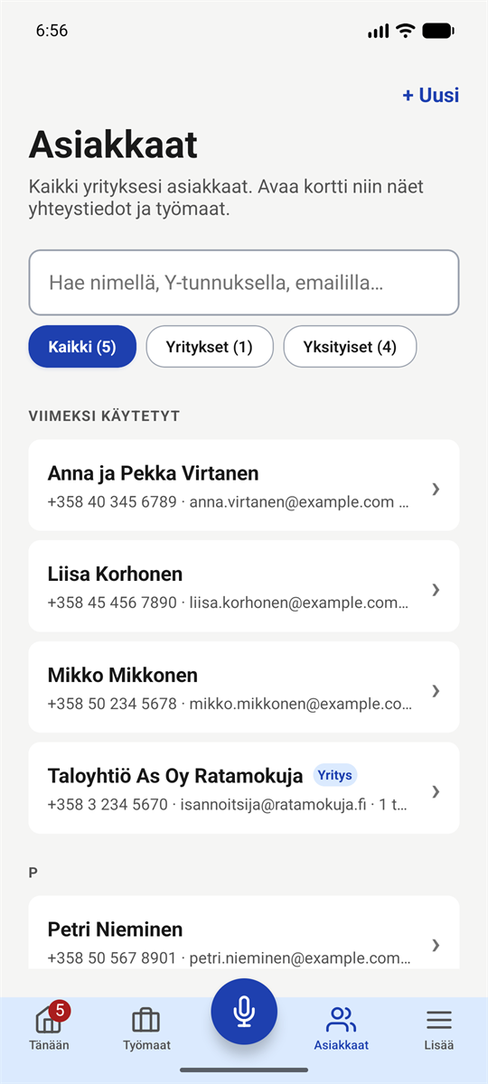 Asiakkaat-näkymä Reiska-sovelluksessa