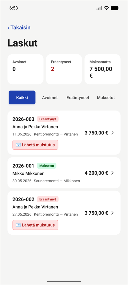 Laskut-näkymä Reiska-sovelluksessa
