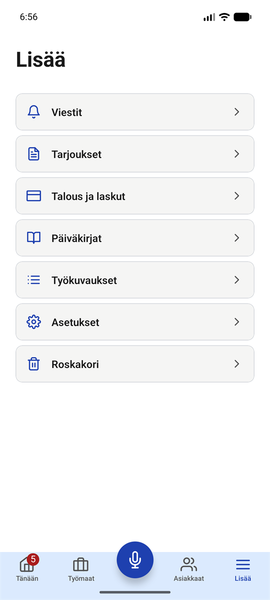 Reiskan Lisää-valikko puhelimessa