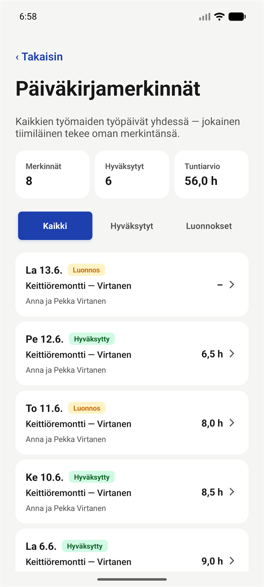 Työmaapäiväkirjan merkinnät Reiska-sovelluksessa