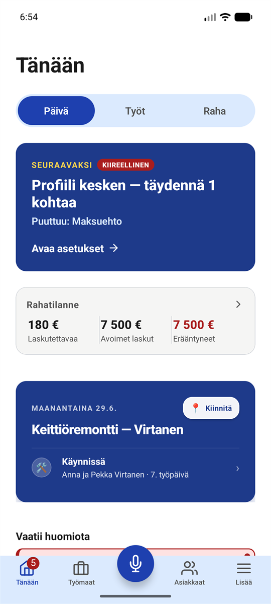Reiskan Tänään-näkymä puhelimessa