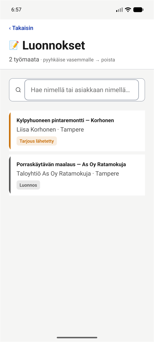 Tarjoukset ja luonnokset Reiska-sovelluksessa