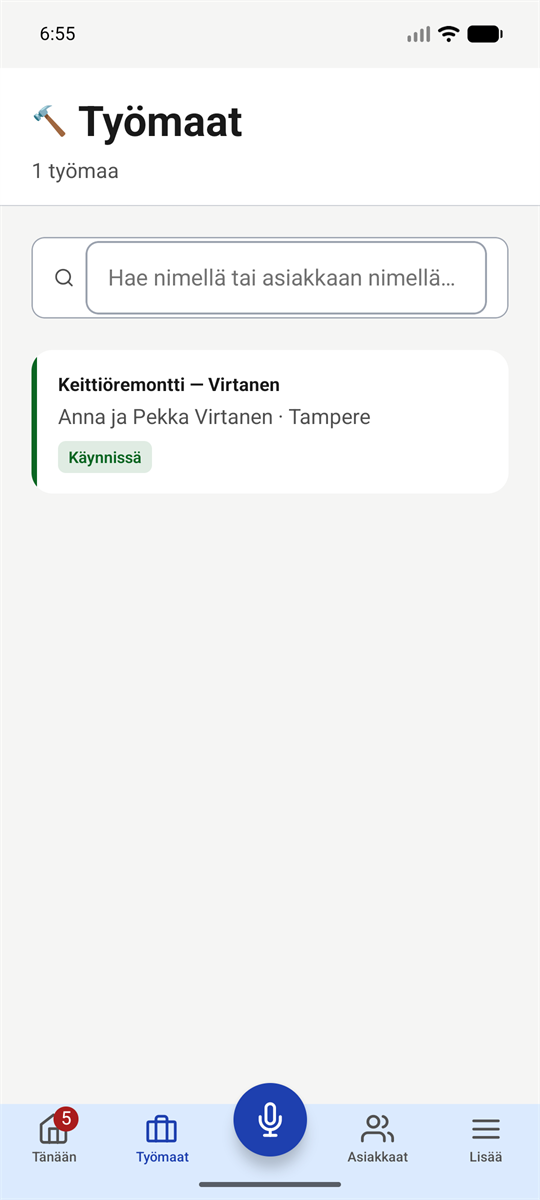Työmaat-näkymä Reiska-sovelluksessa